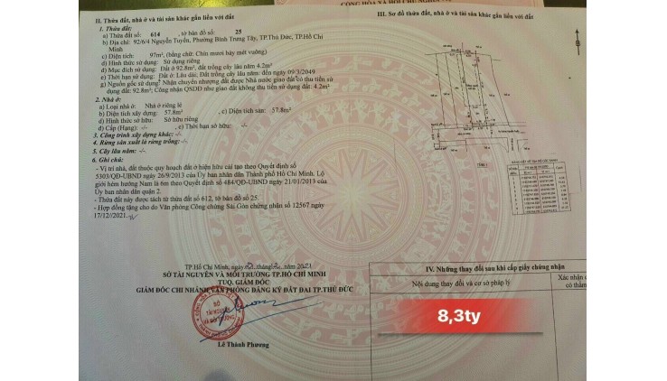 Bán đất thổ cư Hẻm 92/6 Nguyễn Tuyễn P.Bình Trưng Tây Quận 2 - Hiện trạng đất sạch {Ngang 8,8m x dài 22m .